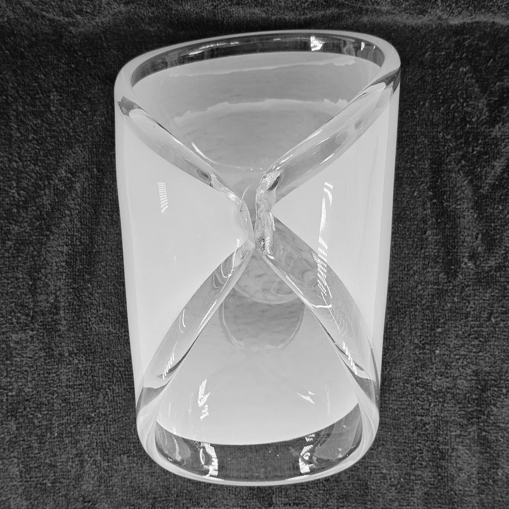 Modern Murano Style Hand Blown Art Glass Vase White Cased Glass Folded Rim Decor